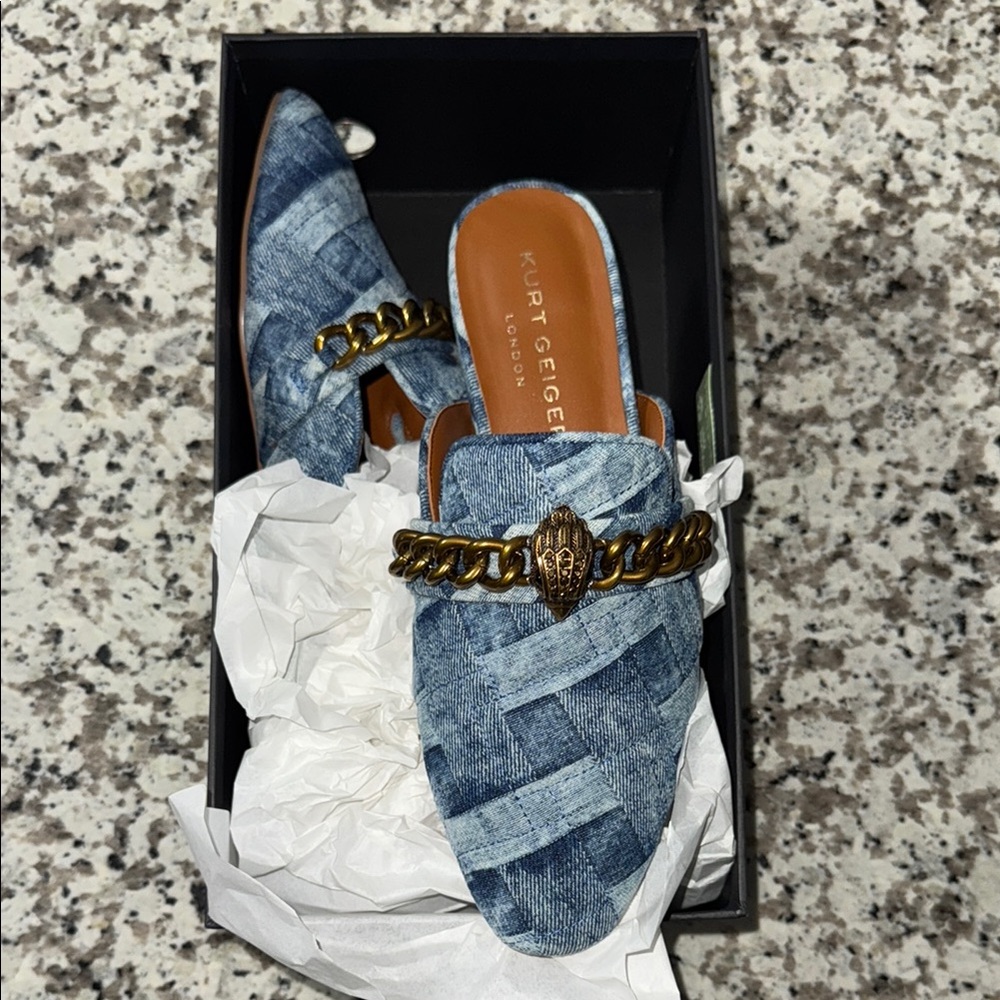 Kurt Geiger Denim Slip-On Loafers with Gold Chain